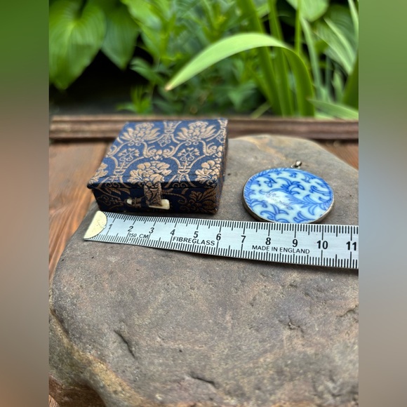 Antique Ming Blue White Porcelain Shard Silver Pendant, Blue and White Pendant - Picture 2 of 6